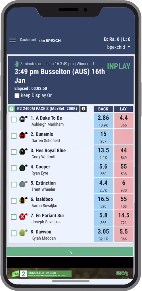 BPExch BetPro Exchange Horse Racing Markets and Odds Screen Mockup