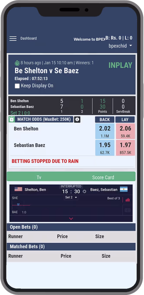 Tennis 6 BPExch BetPro Exchange Tennis Markets and Odds Screen Mockup