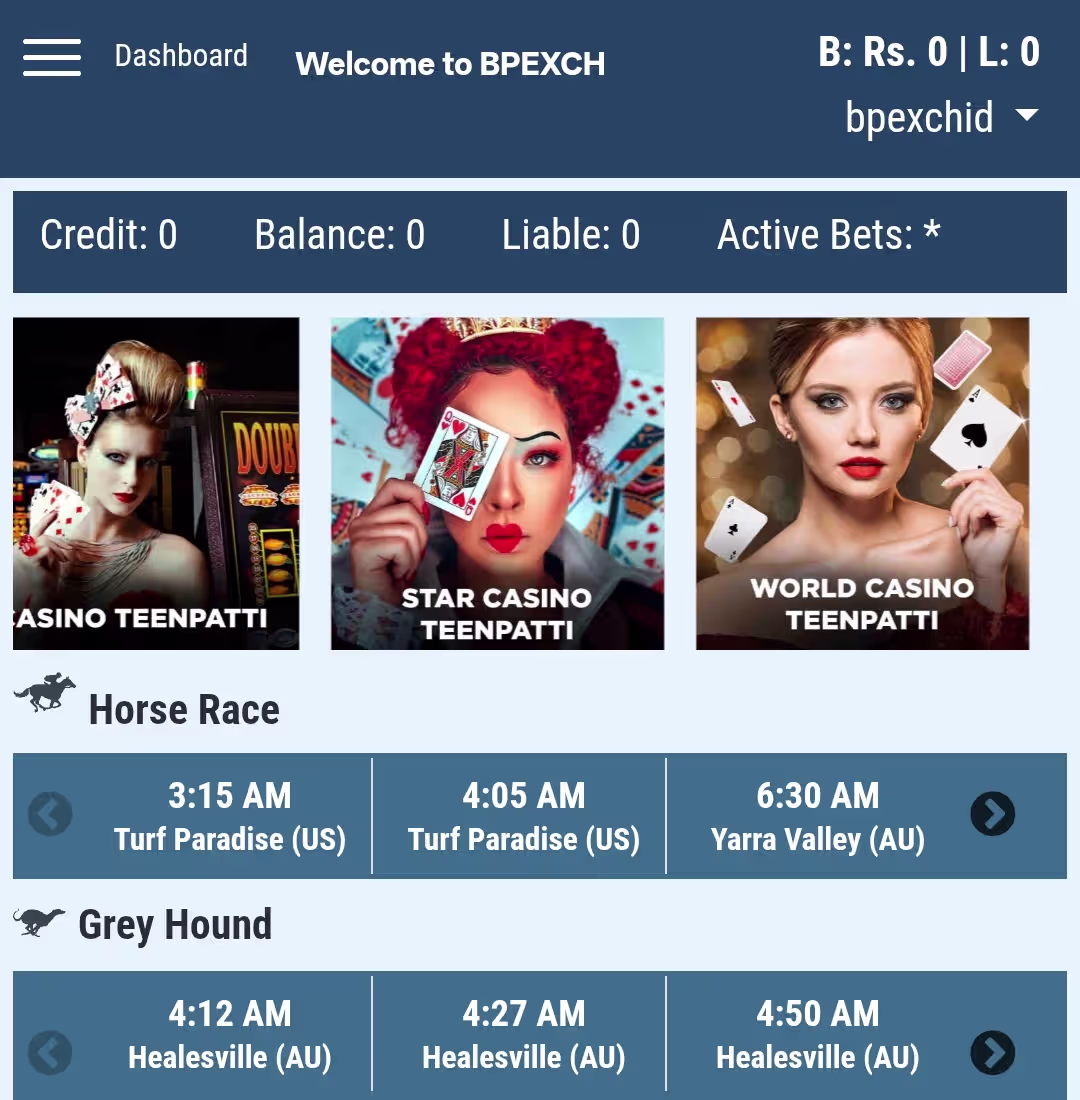 BetPro BPExch Pakistan Dashboard Game Access Area Screenshot