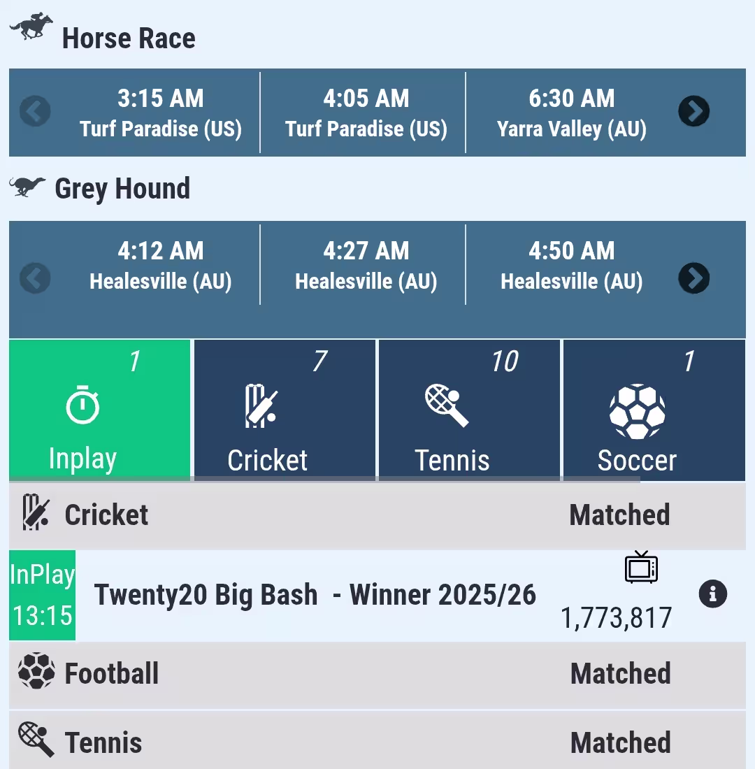 BetPro (BPExch) Pakistan Dashboard Live sports markets feed Screenshot