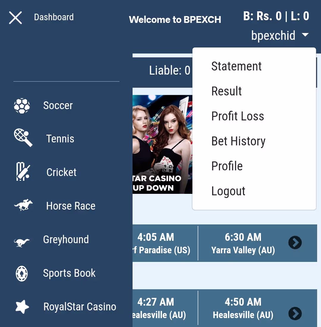 BetPro (BPExch) Pakistan Dashboard Navigation links Screenshot